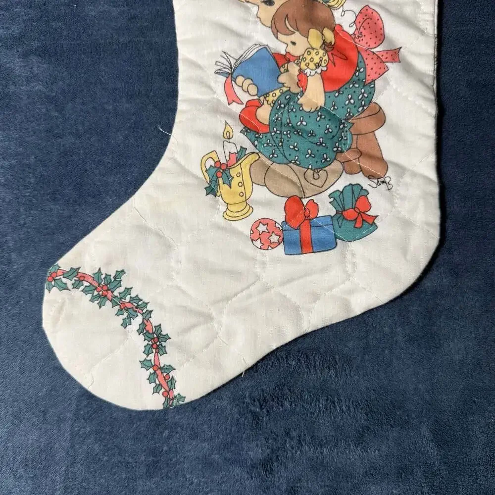 Vintage Precious Moments Quilted Christmas Stocking with Girl and Holiday Print